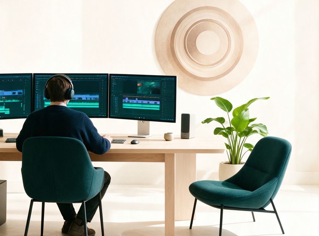 An editor at a desk with three monitors next to a plant and an armchair