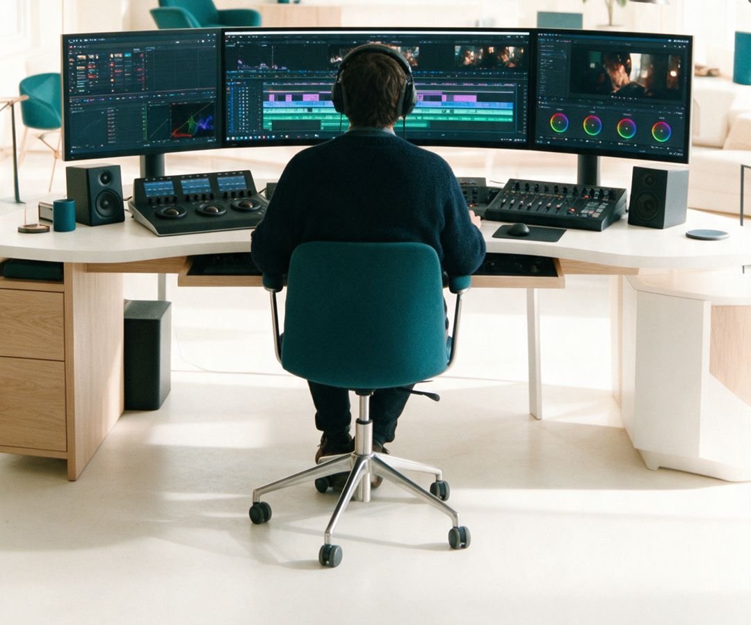 An editor working at a three-monitor editing suite in a bright studio